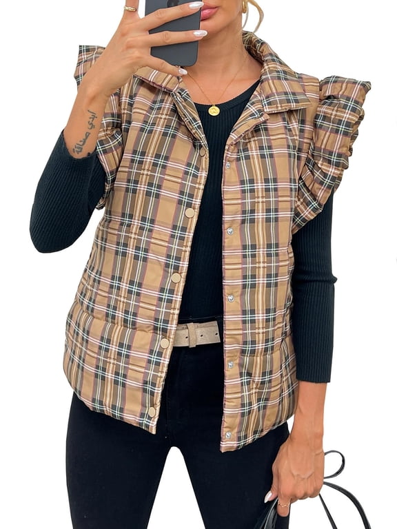 Women Christmas Plaid Sleeveless Vest Lightweight Cotton Padded Vest Autumn Winter Jacket