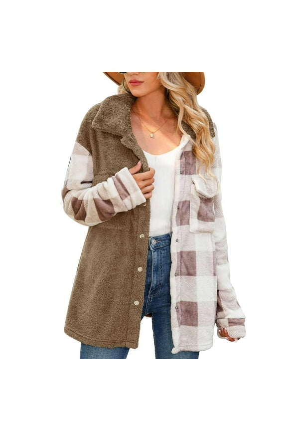 Women Plaid Splicing Coat Turn Down Collar Single Breasted Casual Shirt Jacket with Chest Pocket Light Tan XL