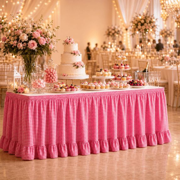 Table Skirt for Rectangle Tables Ruffle Plaid Desk Skirt Birthday Party Decorations