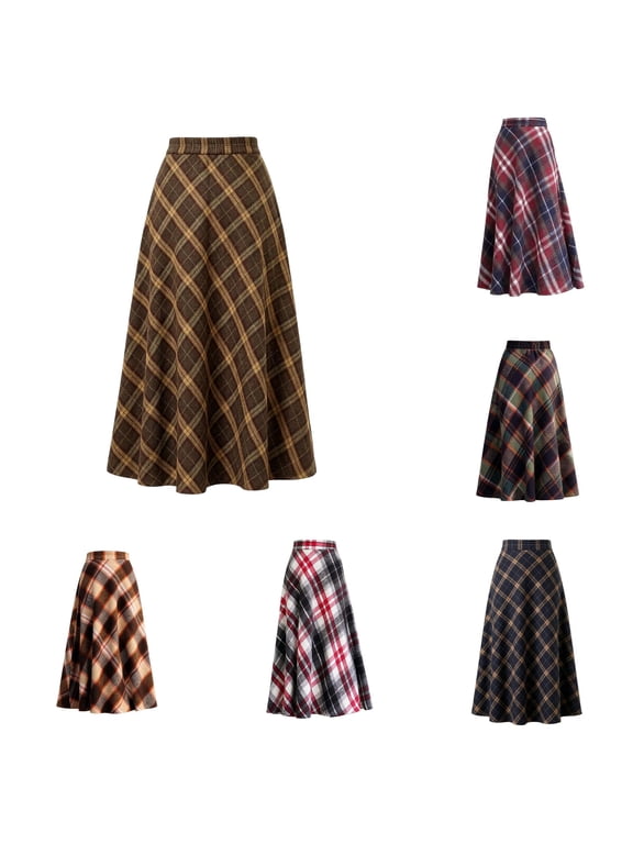 Women Plaid Tartan Midi Skirt High Waist A Line Flared Swing Brown Orange Soft Fabric Plus Size Fall Winter Casual Office Daily Wear
