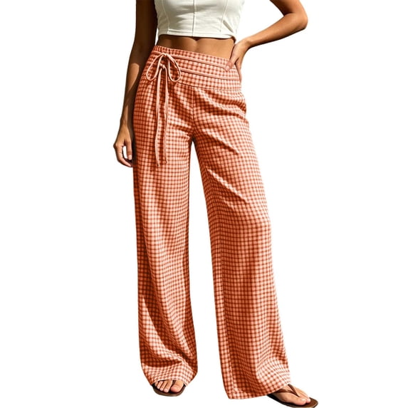 Women Plaid Tie Detail Elastic High Waist Straight Leg Pants, Side Pockets Loose Daily Casual Long Trousers Orange XXL(XXL)