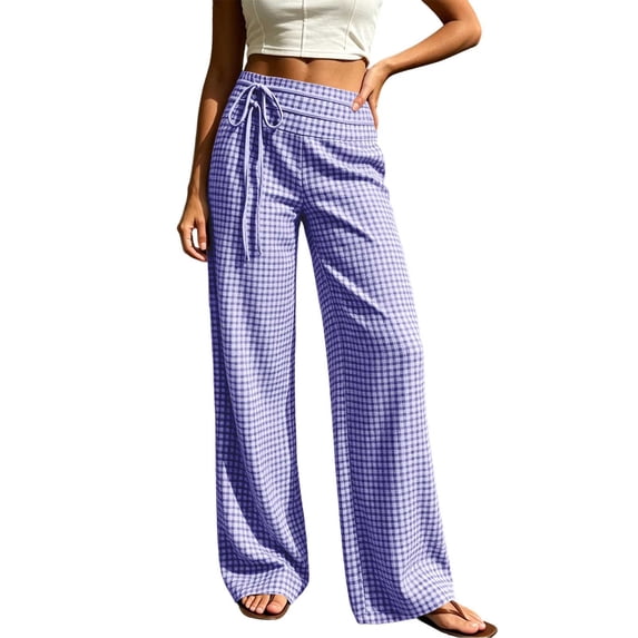 Women Plaid Tie Detail Elastic High Waist Straight Leg Pants, Side Pockets Loose Daily Casual Long Trousers Purple XL(XL)