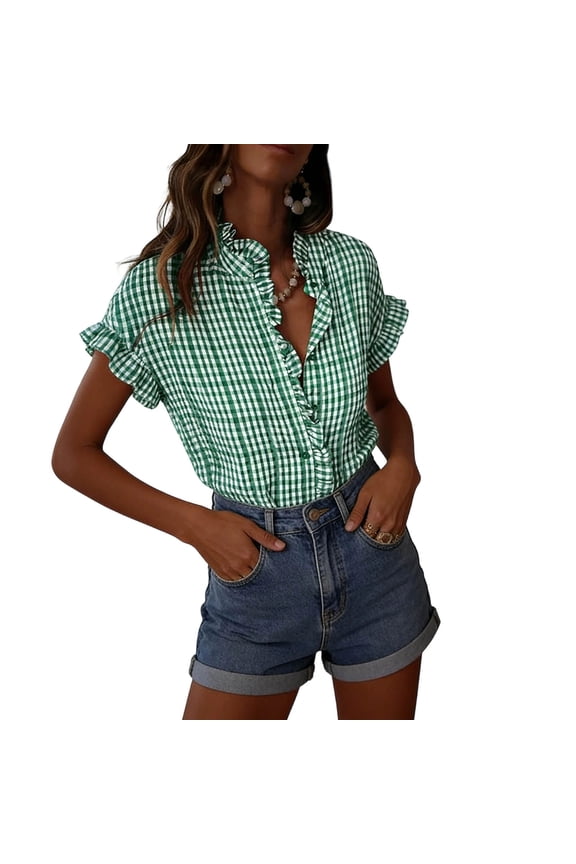 Women Plaid Tops Ruffle Trim Short Sleeve Ruffled Vneck Checkered Casual Shirts Travel Going Out Beach Tees