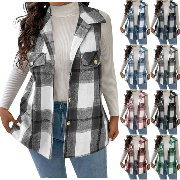 Women Plaid Vest Lapel Button Down Sleeveless Shirt Jacket Fall Casual lightweight Coat Outerwear NO Pocket