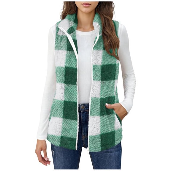 Women Plaid Vests Jackets,Open Front Sleeveless Zipper Flannel Coat,Fall Outside Shirts with Pockets