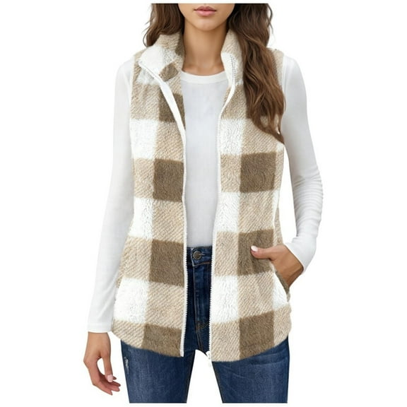 Women Plaid Vests Jackets,Open Front Sleeveless Zipper Flannel Coat,Fall Outside Shirts with Pockets