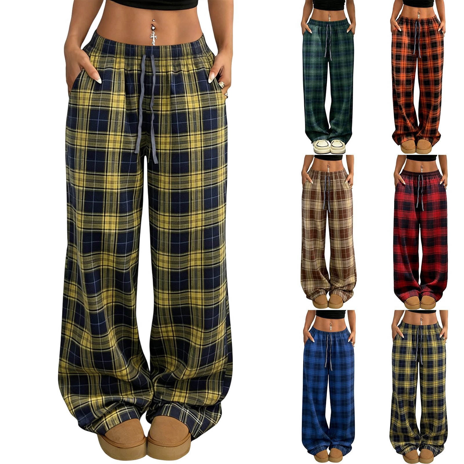 Women Plaid Wide Leg Pants Drawstring Elastic Waist Loose Fit