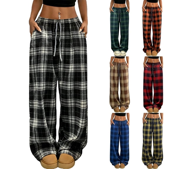 Women Plaid Wide Leg Pants Drawstring Elastic Waist Loose Fit Casual Lounge Trousers with Pockets Black White Checkered