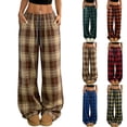 thumbnail image 1 of Women Plaid Wide Leg Pants Drawstring Elastic Waist Loose Fit Casual Lounge Trousers with Pockets Black White Checkered, 1 of 5