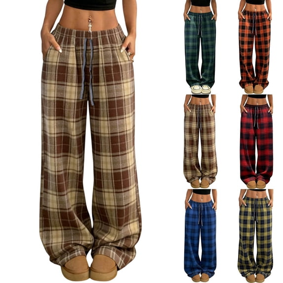 Women Plaid Wide Leg Pants Drawstring Elastic Waist Loose Fit Casual Lounge Trousers with Pockets Black White Checkered