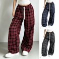 thumbnail image 1 of Women Plaid Wide Leg Pants Sevevn Elastic Drawstring Waist Loose Baggy Casual Trousers, Multi‑Plaid Pattern Choices For Street Style And Daily Casual Outfits, 1 of 8