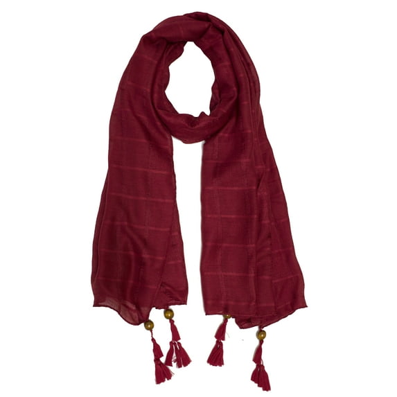 Women Plaid Wood Bead Tassel Cotton Scarf Lightweight Wrap Shawl Burgundy