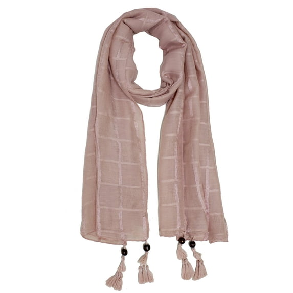 Women Plaid Wood Bead Tassel Cotton Scarf Lightweight Wrap Shawl Dusty Rose