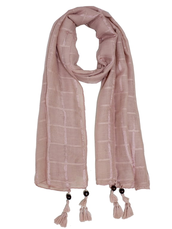 Women Plaid Wood Bead Tassel Cotton Scarf Lightweight Wrap Shawl Dusty Rose