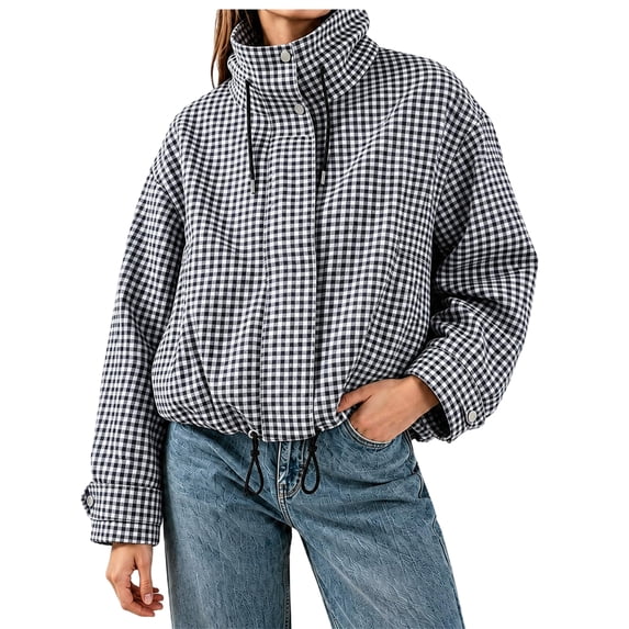 Women Plaid Zipper Bomber Jacket Stand Collar Long Sleeve Jacket Cropped Outwear with Pockets M