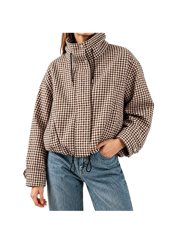Women Plaid Zipper Bomber Jacket Stand Collar Long Sleeve Jacket Cropped Outwear with Pockets S
