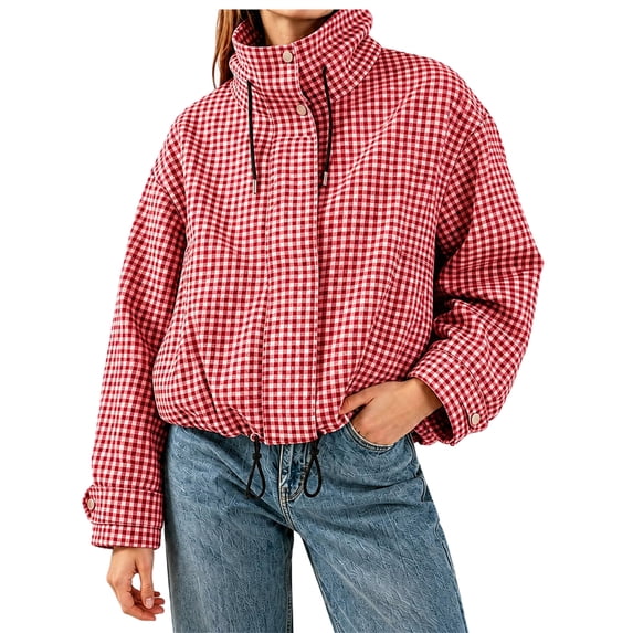Women Plaid Zipper Bomber Jacket Stand Collar Long Sleeve Jacket Cropped Outwear with Pockets S