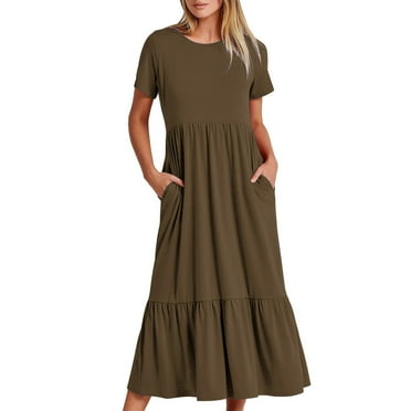Women Plain Casual Flowy Tiered Long Maxi Dresses Loose Summer Dress Short Sleeve Crewneck Beach Dresses with Pockets