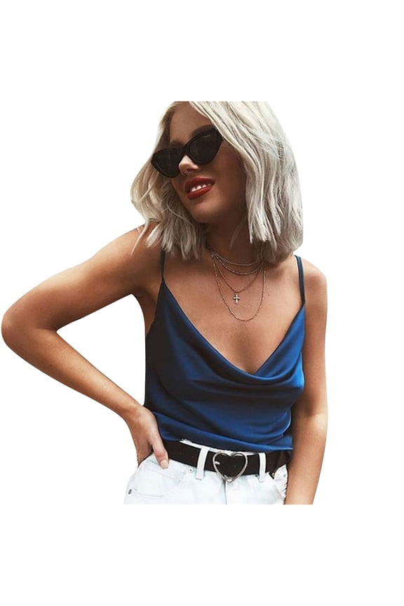 Women Plain Color Cami Top Spaghetti Strap Sleeveless Camisole Cowl Neck Backless Loose Sling Vest