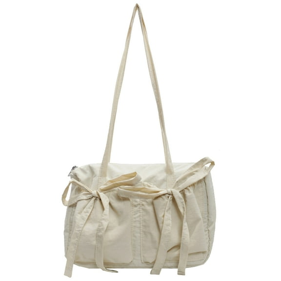 Women Plain Drawstring Tote Bag With Bow Cute Shoulder Bag Large Capacity Decor Bag (Beige)