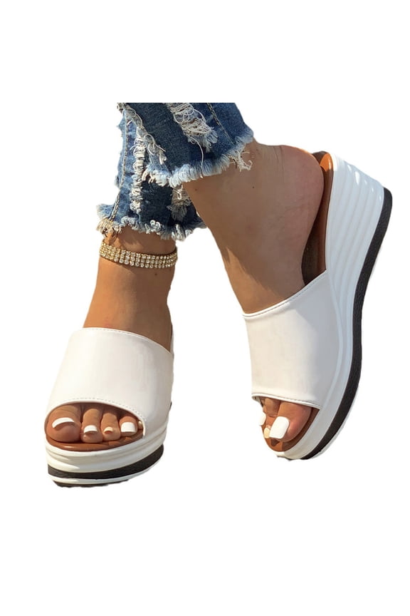 Women Plain One Band Platform Wedge Slides Open Toe Slip Resistant Summer Daily Footwear