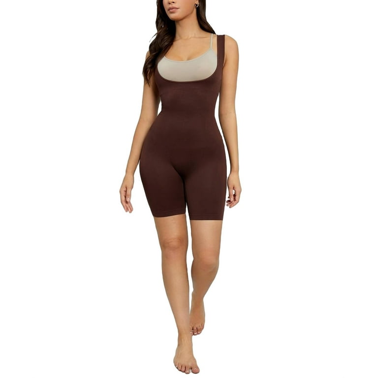 Women Plain Open Bust Chocolate Brown Shapewear Bodysuits L 