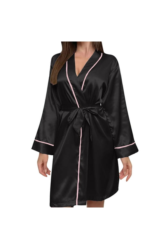 Women Plain Satin Nightgown Mid-Length Long Sleeve Nightwear Open Front Belted Sleepwear Loose V Neck Pajamas Lightweight Silky Homewear Basic Loungewear Fall Casual Cozy Outfit S-XL