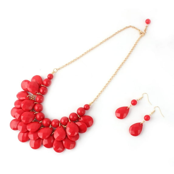 Women Plastic Bead Metal Beach Style Drop Neck Decor Necklace Earring Set Red