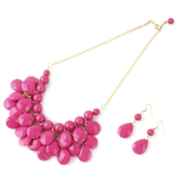 Women Plastic Bead Metal Beach Style Drop Neck Necklace Earring Set Fushcia