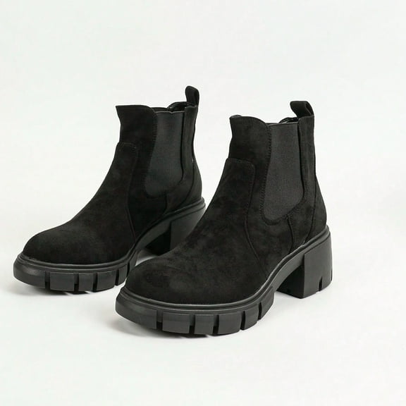 Women Platform Ankle Boots Elastic Chelsea Hunky Block Heels Boots Mid Heel Slip On Round Toe Booties