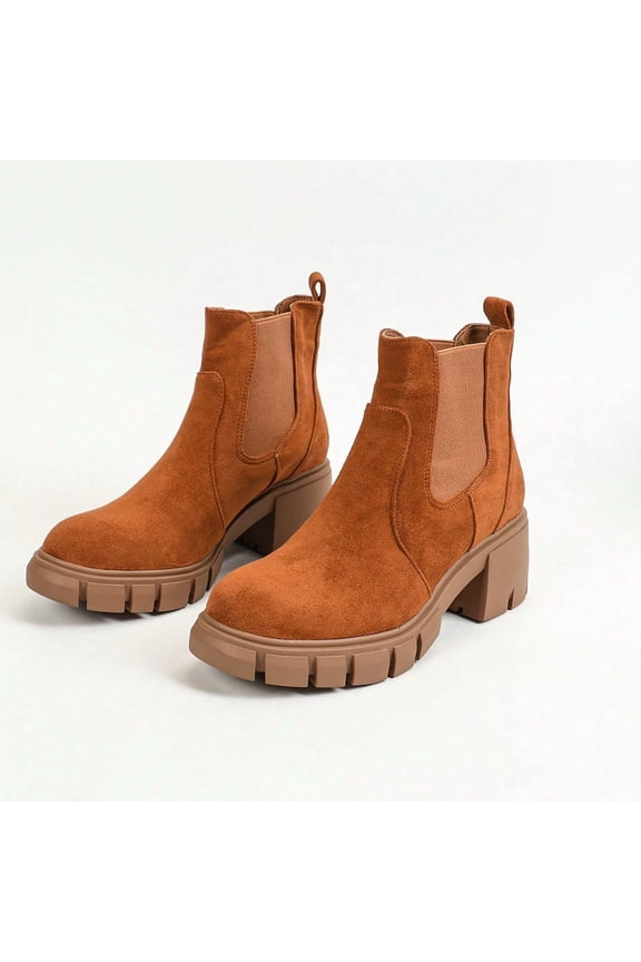 Women Platform Ankle Boots Elastic Chelsea Hunky Block Heels Boots Mid Heel Slip On Round Toe Booties