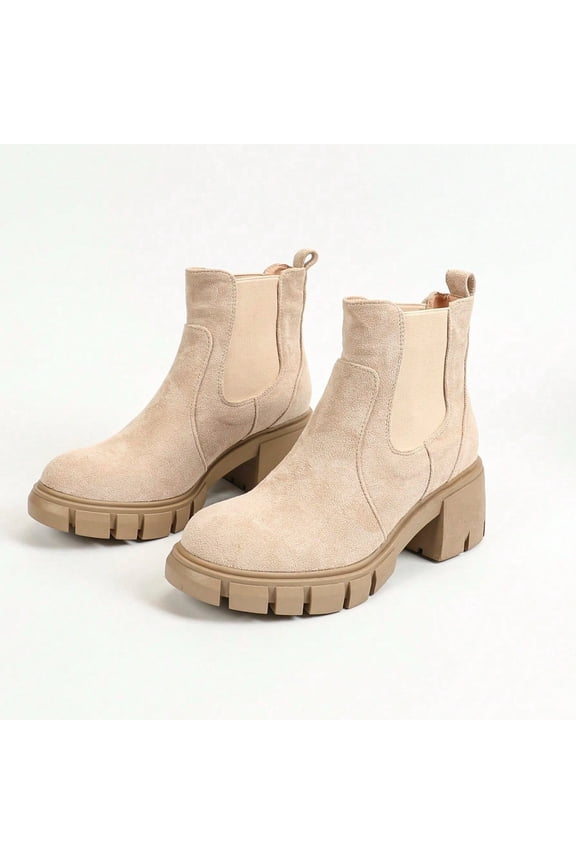 Women Platform Ankle Boots Elastic Chelsea Hunky Block Heels Boots Mid Heel Slip On Round Toe Booties