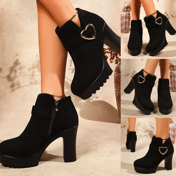 Women Platform Ankle Boots Suede High Block Heel Side Zipper Heart Buckle Fall Winter Boots Round Toe Casual Booties