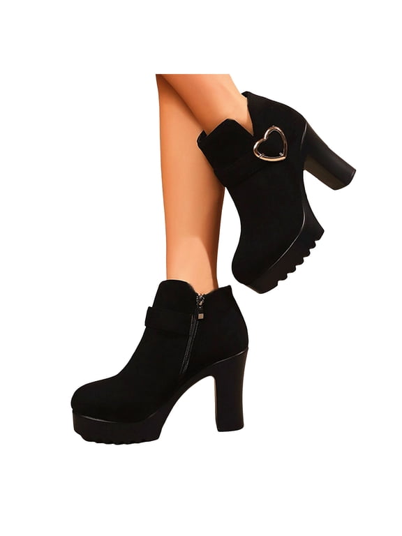 Women Platform Ankle Boots Suede High Block Heel Side Zipper Heart Buckle Fall Winter Boots Round Toe Casual Booties