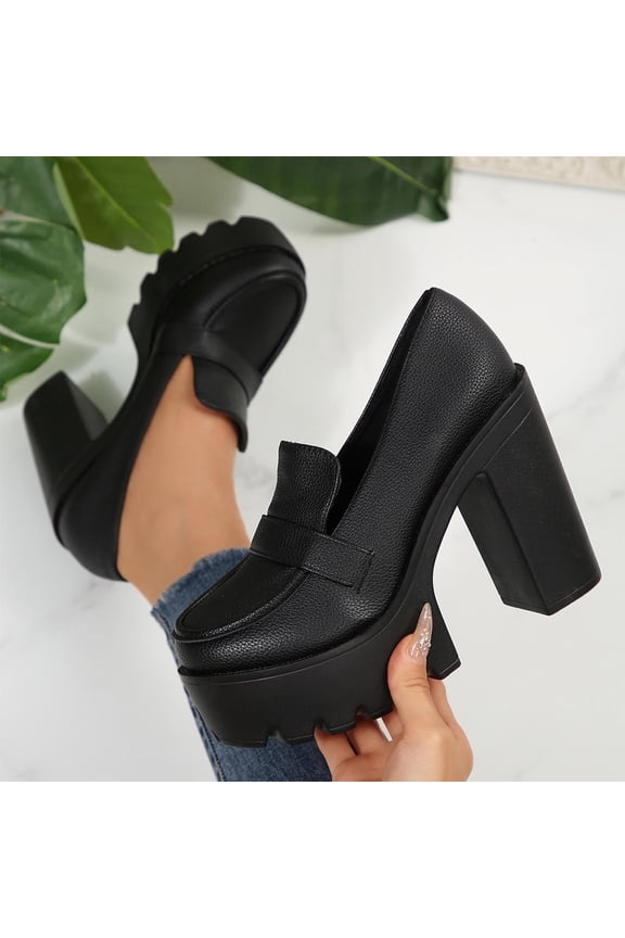 Women Platform Chunky High Heels Casual Block Heeled Loafer Square Toe Slip On Pumps Party Dress Office Daily Clog Shoes Black Women Sandal