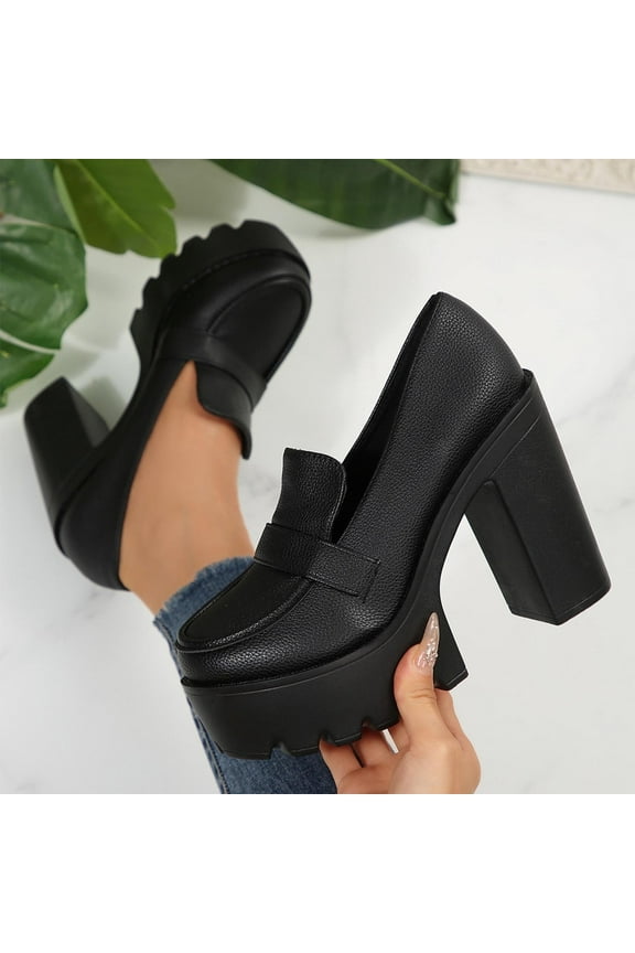 Women Platform Chunky High Heels Casual Block Heeled Loafer Square Toe Slip On Pumps Party Dress Office Daily Clog Shoes Black Women Sandal