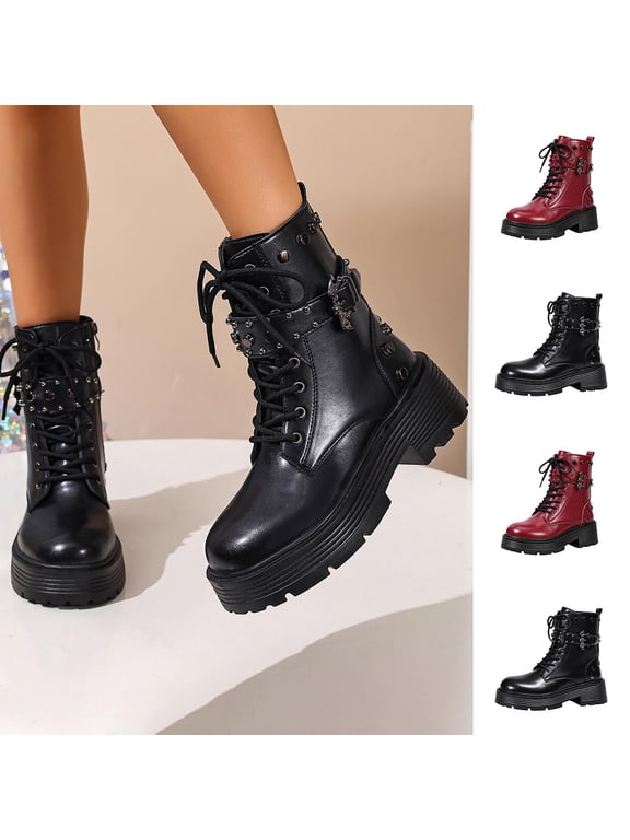 Women Platform Combat Boots, Lace‑Up Ankle Booties with Metal Buckle Strap, Chunky Lug Sole Short Boots