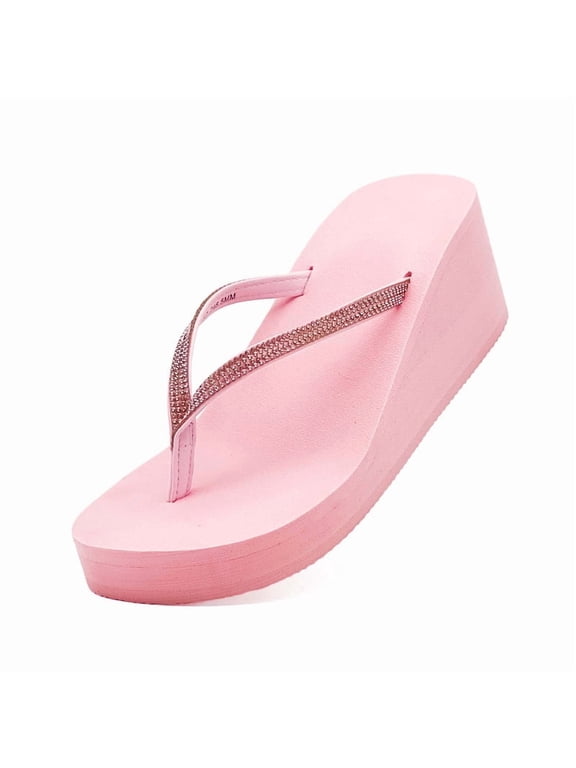 Women Platform Flip Flops Rhinestone Wedge Sandal Comfortable Dressy Summer Beach Sandals