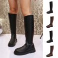 thumbnail image 1 of Women Platform Knee High Boots, Smooth Faux Leather Round Toe Flat Sole Tall Riding Boots, Slip On Wide Calf Long Boots Brown 8.5(42), 1 of 9