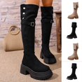 thumbnail image 1 of Women Platform Knee‑High Boots, Suede Fold‑Over Tall Boots with Metal Buckle Strap, Round‑Toe Chunky Block Heel Lug Sole Winter Boots, 1 of 7