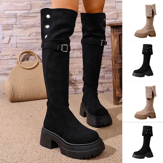 Women Platform Knee‑High Boots, Suede Fold‑Over Tall Boots with Metal Buckle Strap, Round‑Toe Chunky Block Heel Lug Sole Winter Boots