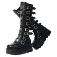 thumbnail image 1 of Women Platform Knee High Goth Boots Round Toe Zipper Back Combat Booties Shoes PU Leather Punk Buckle Motorcycle Boot, 1 of 7
