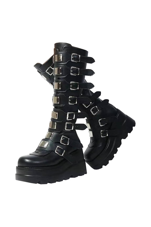 Women Platform Knee High Goth Boots Round Toe Zipper Back Combat Booties Shoes PU Leather Punk Buckle Motorcycle Boot