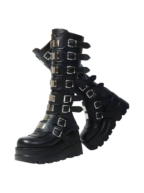 Women Platform Knee High Goth Boots Round Toe Zipper Back Combat Booties Shoes PU Leather Punk Buckle Motorcycle Boot