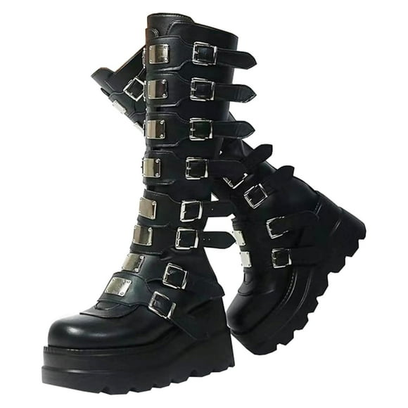 Women Platform Knee High Goth Boots Round Toe Zipper Back Combat Booties Shoes PU Leather Punk Buckle Motorcycle Boot