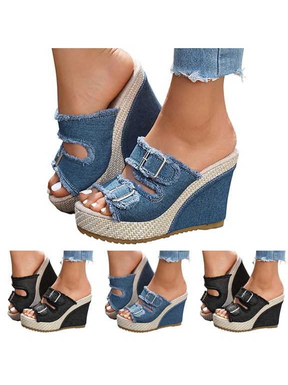 Women Platform Wedge Sandals Denim Chunky High Heels Slippers Summer Dressy Buckle Straps Comfortable Walking Slip on Breathable Shoes Black Size 7.5