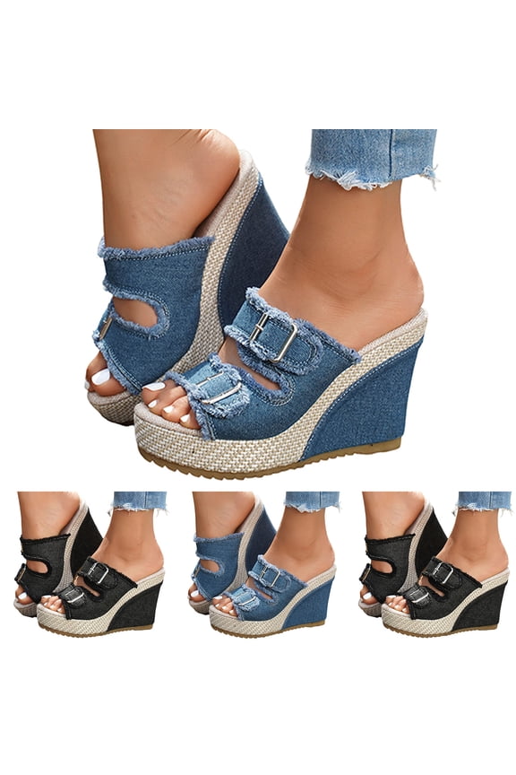 Women Platform Wedge Sandals Denim Chunky High Heels Slippers Summer Dressy Buckle Straps Comfortable Walking Slip on Breathable Shoes Blue Size 9