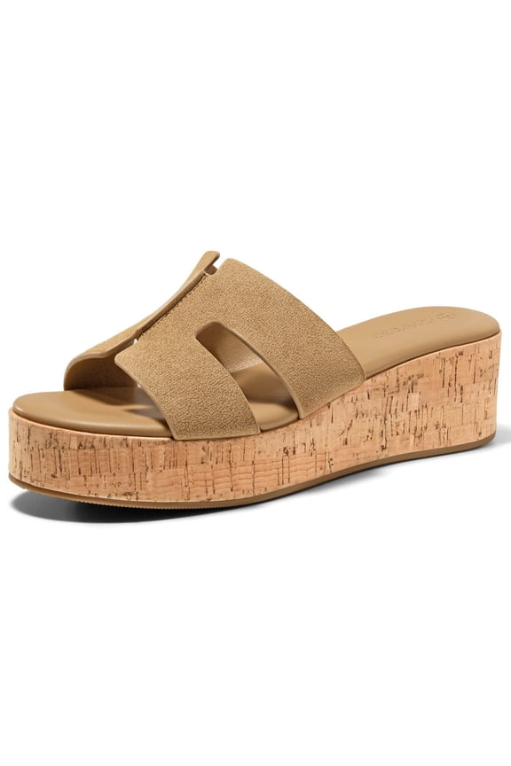 Women  Platform Wedge Sandals Open Toe Slip On Slides Cork Heeled Cutout Comfortable Summer Shoes