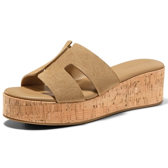 Women Platform Wedge Sandals Open Toe Slip On Slides Cork Heeled Cutout Comfortable Summer Shoes