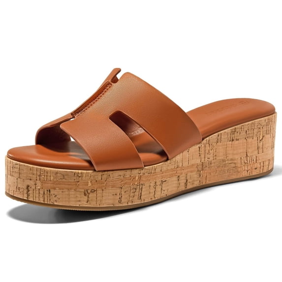 Women Platform Wedge Sandals Open Toe Slip On Slides Cork Heeled Cutout Comfortable Summer Shoes